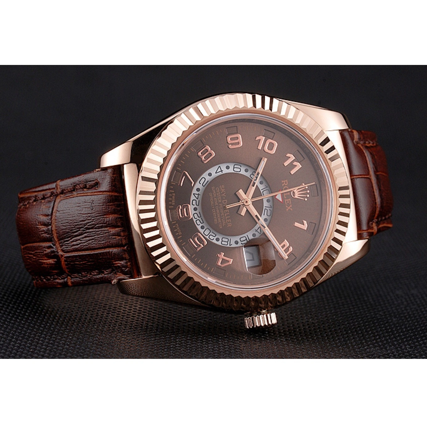 AAA Replica Watches Case Dweller Rolex Sky Brown Rose Dial Leather Brown Gold Strap 0527
